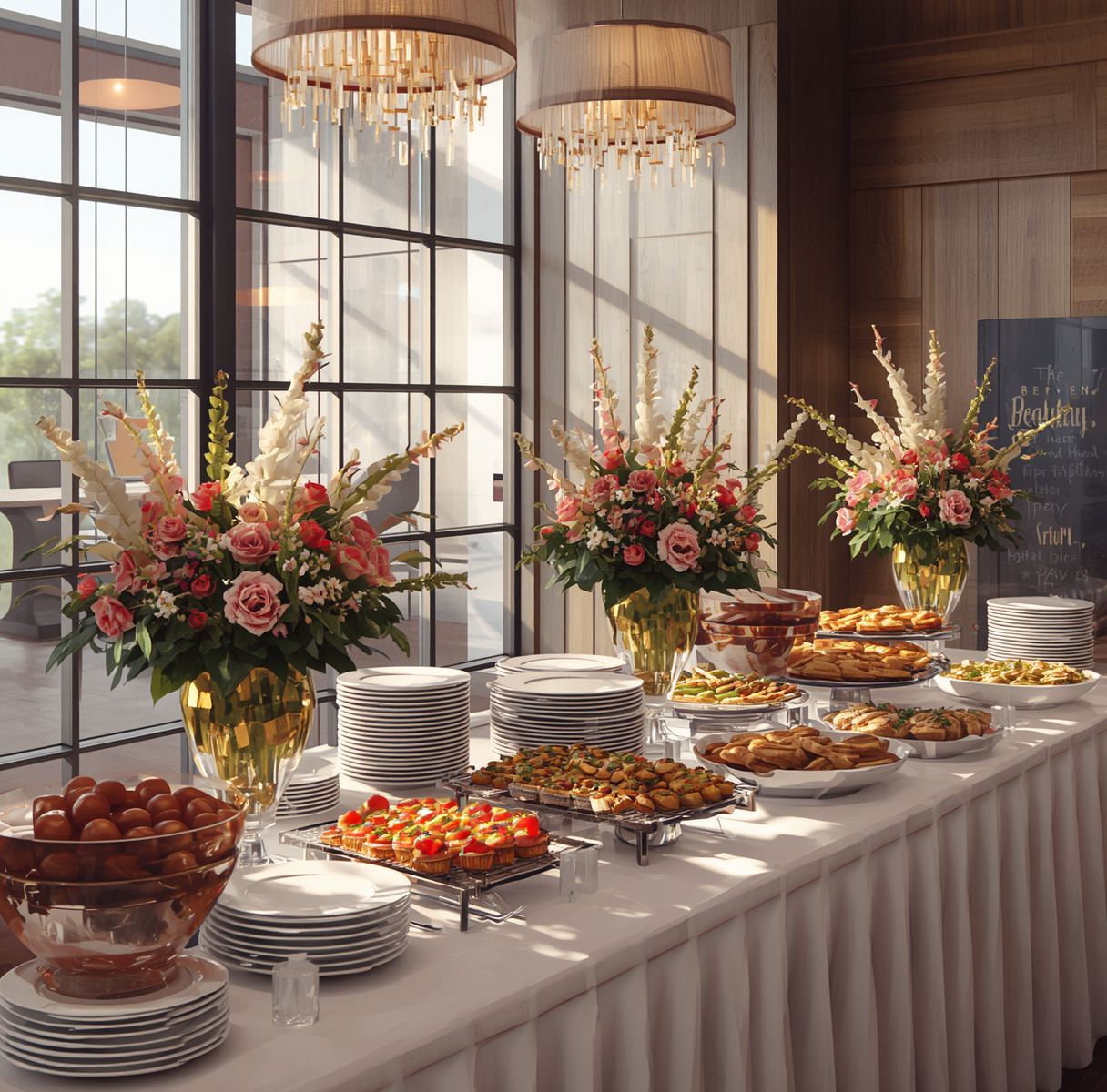 Buffet traiteur dressé pour un événement d'entreprise